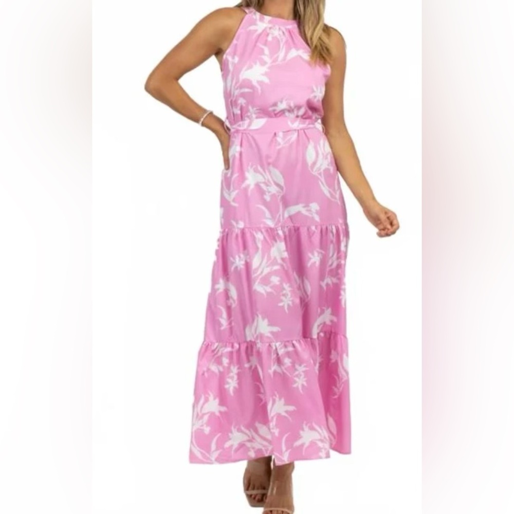 Resortwear Spring Pink & White Floral Halter Maxi‎ Dress SZ M
